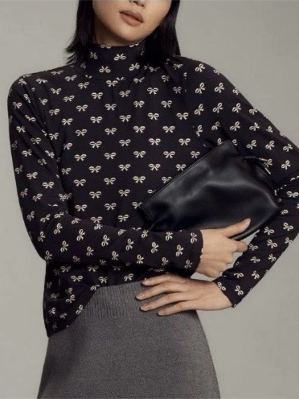 Maeve Black Bow-Print Turtleneck Sweater